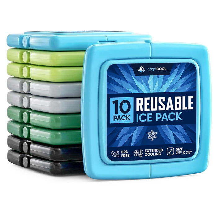 RIDGECOOL Bulk Slim Ice Packs for Lunch Boxes 10 Pack - Reusable Ice Packs for Coolers, Thin Flat Long Lasting Freezer Packs for Kids Lunch Box, BPA Free Leak-Resistant, 4.8"x 4.8", Multicolor