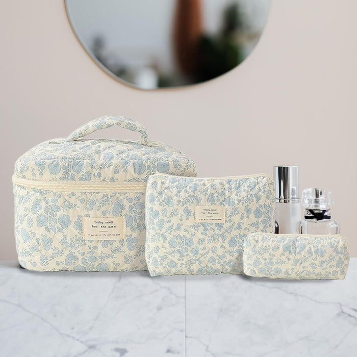 Aiyify Makeup Cosmetic Bag 3 Pcs Cotton Quilted Makeup Bag Coquette Aesthetic Floral Toiletry Bag for Women (3PCS-D)