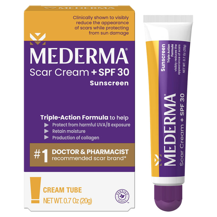 Mederma Scar Cream Plus SPF 30, Sunscreen, Protects from Sun Damage, Reduces the Appearance of Scars, 0.7 Ounce, 20 grams (Packaging May Vary)