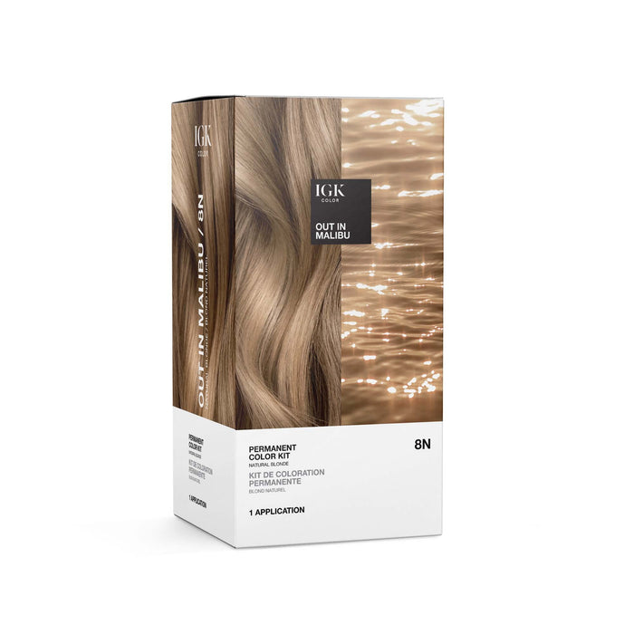 IGK Permanent Color Kit OUT IN MALIBU - Natural Blonde 8N | Easy Application + Strengthen + Shine | Vegan + Cruelty Free + Ammonia Free | 4.75 Oz