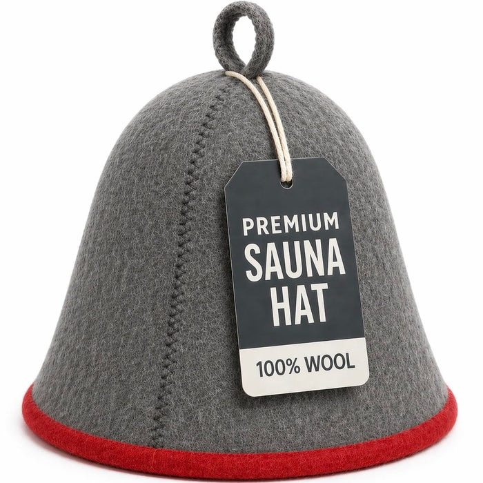 Premium Sauna Hat – 100% Natural Wool, Handmade Sauna Headwear for Men and Women – Eco-Friendly, Breathable, Insulating Hat for Sauna, Steam Room, Banya, and Bathhouse – One Size Fits All, Grey-Red