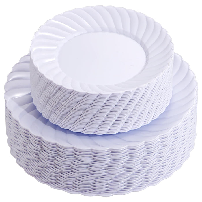 U-QE 100 Pieces White Plastic Plates - Premium Heavy Duty Plastic Plates for Wedding and Party Use Including 50PCS 9 '' Plastic Dinner Plates & 50PCS 6.5 '' Plastic Dessert Plates