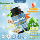 Organic Moringa Extract Capsules 6450mg, 3 Months Supply with Ashwagandha, Tulsi, Ginger, Turmeric - Energy Booster, Immune System Support - 90 Capsules