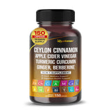 Ceylon Cinnamon Apple Cider Vinegar Turmeric Ginger Root Berberine Gymnema sylvestre Milk Thistle Licorice -150 Capsules- Made in USA