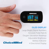 CHOICEMMED Black Dual Color OLED Finger Pulse Oximeter - Blood Oxygen Saturation Monitor with Color OLED Screen Display and Included Batteries - O2 Saturation Monitor