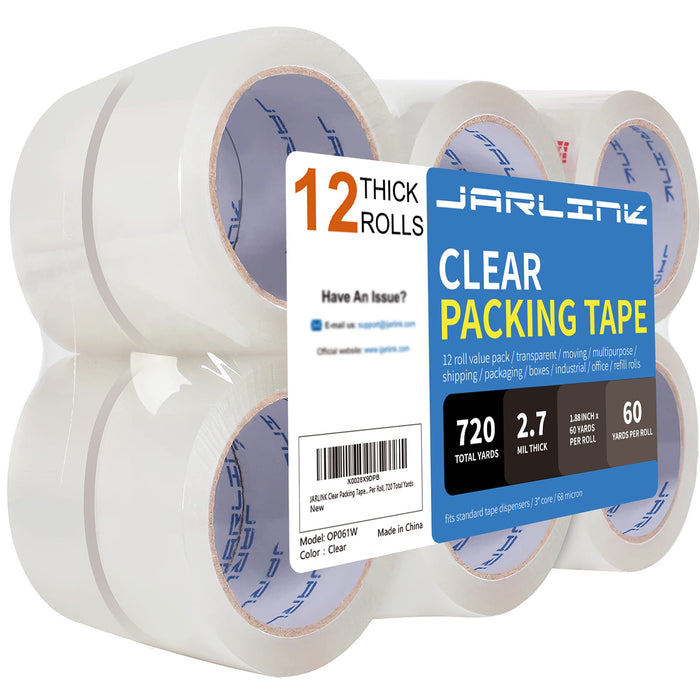 JARLINK Clear Packing Tape (12 Rolls), Heavy Duty Packaging Tape for Shipping Packaging Moving Sealing, 2.7mil Thick, 1.88 inches Wide, 60 Yards Per Roll, 720 Total Yards