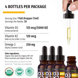 (4 Pack) Organic Vitamin D3 K2 Drops w MCT Oil Omega 3, 5000 IU, Maximum Strength Vitamin D Liquid 5000 IU, No Fillers, Non-GMO Liquid D3 for Faster Absorption & Immune Support, Unflavored, 4 Fl Oz