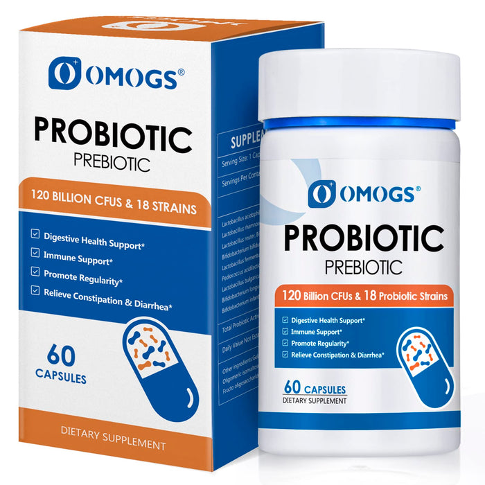 OMOGS Probiotics 120 Billion CFUs 18 Strains,3Prebiotics,Probiotics Capsule Suppment Helps Support Digestive & Gut Health, Immune Strength & Absorb Nutrition, 60 Capsules (60 Day Supply)