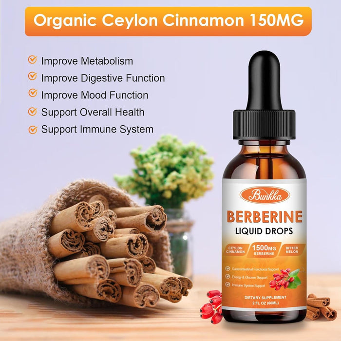 (2 Pack) Berberine Supplement, 1500mg Organic Berberine Liquid Drops with Ceylon Cinnamon, Bitter Melon, Sugar-Free & Vegan Supplement Supports Immune System & Gastrointestinal Care - 4 FL Oz