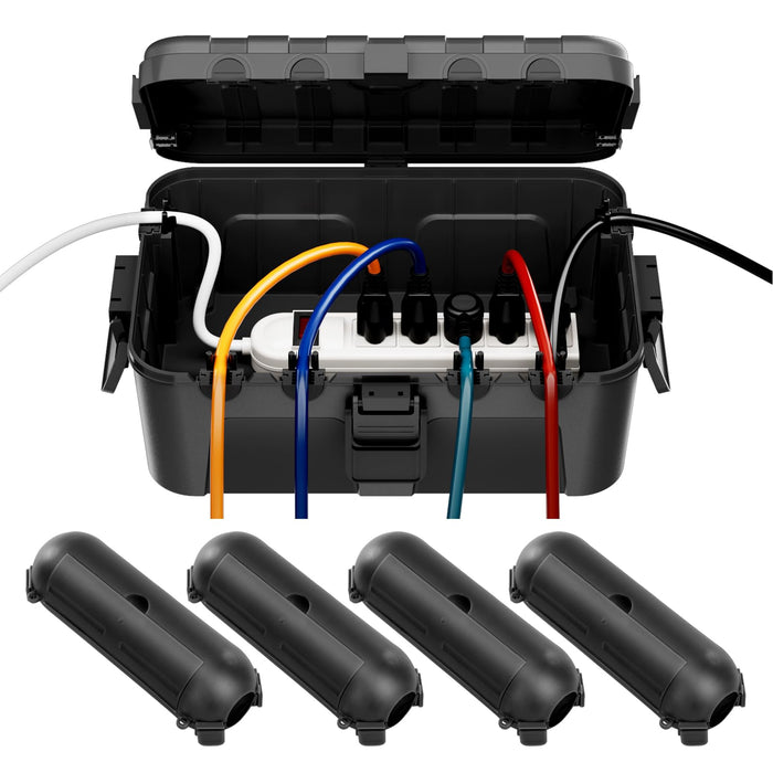 RESTMO IP54 Extra Large Outdoor Box w/ 6 Cable Seal Entry, Bundle w/ 4 Small Weatherproof Extension Cord Safety Cover, Protect Power Strip, Timer Outlet Plug, Christmas Decoration, Black.