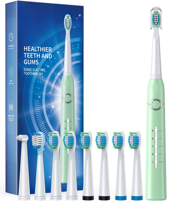 TEETHEORY Sonic Electric Toothbrushes for Adults, 8 Brush Heads Electric Toothbrush with 40000 VPM Deep Clean 5 Modes, Rechargeable Toothbrushes Fast Charge 4 Hours Last 30 Days (Green)