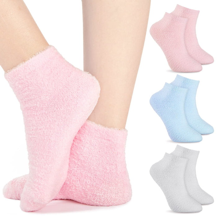 3 Pairs Aloe Socks Moisturizing Spa Socks Infused Socks Gel Sleeping Fuzzy Socks Dry Feet Socks Non Slip Lotion Socks for Women Men Repairing Softening Dry Cracked Feet Skins (Pink, Blue, Gray)