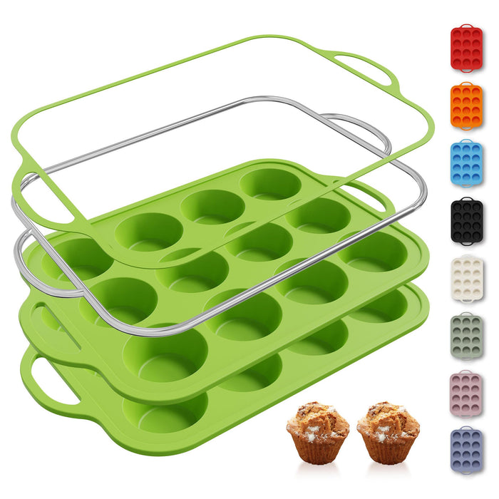 2 Packs 12 Cups Silicone Muffin Pan with Metal Reinforced Frame Regular Size Cupcake Pan Tray Egg Bites Silicone Circle Cookie Molds Muffin Tin Tart Pans Baking Sheet Set for Breakfast Sandwiches