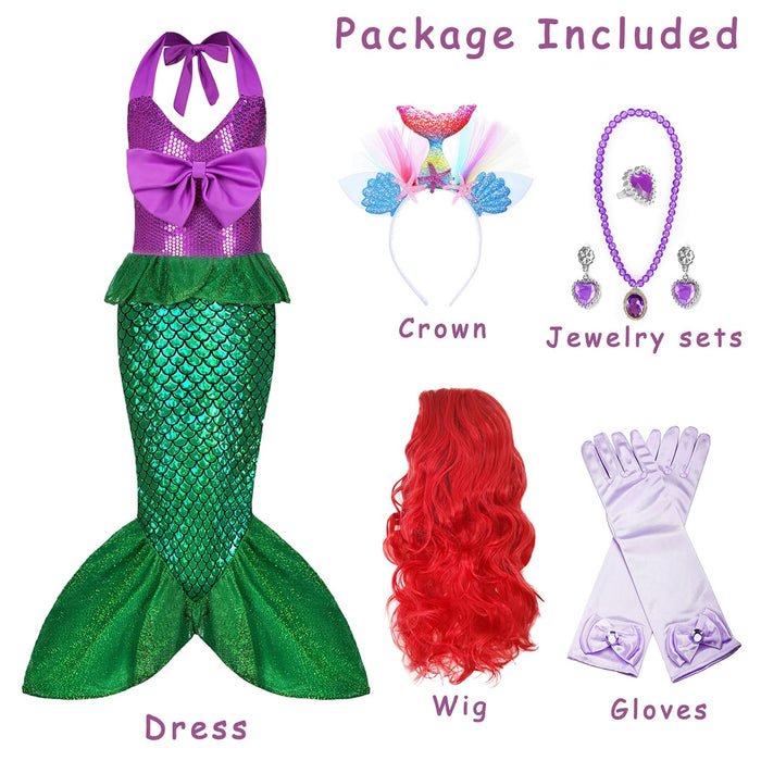 Oumbivil Mermaid Princess Dress Ariel Costume for Grils Cosplay Birthday Party Halloween Costumes with Wig, Headband, Necklace, Gloves OU032L