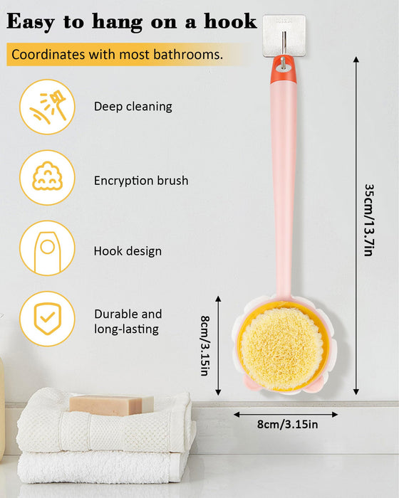 Sahasea Back Scrubber for Shower, Shower Brush for Body with Bristles and Loofah, Bath Brush Long Handle for Shower, Back Washer for Bath and Dry Brush, Body Shower Brush for Men Women Elderly Pink