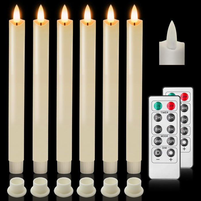 Bighfue LED Flameless Candle, 3D Flickering Taper Battery Operated Candle with Remote Control 10-Key Button, Real Wax 6-Pack for Mantel Christmas Wedding Gift Decoration (Ivory, 0.78 W''9.6 H'')