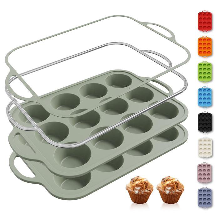 2 Packs 12 Cups Silicone Muffin Pan with Metal Reinforced Frame Regular Size Cupcake Pan Tray Egg Bites Silicone Circle Cookie Molds Muffin Tin Tart Pans Baking Sheet Set for Breakfast Sandwiches