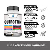 American Standard Supplements Quercetin 1000mg Per Serving with Zinc, Vitamin C, Vitamin D3, Magnesium, Elderberry, Echinacea, Turmeric, Astragalus - Gluten Free, Non-GMO, 120 Capsules, 40 Servings