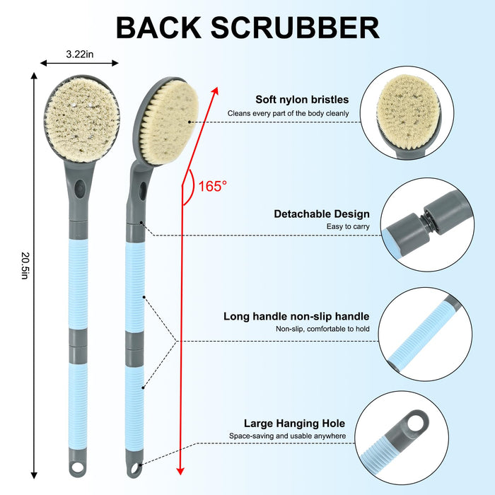 Back Scrubber Anti Slip for Shower, 21.7” Detachable Back Bath Brush for Shower, Back Scrubber, Exfoliation and Improved Skin Health for Elderly with Limited Arm Movement, Disabled (21.7” Grey)