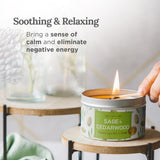 SAGE + Cedarwood Aromatherapy Candle for House Energy Cleansing and Stress Relief, Banishes Negative Energy I Purification and Chakra Healing - Natural Soy Wax Tin Candle for Aromatherapy 6oz