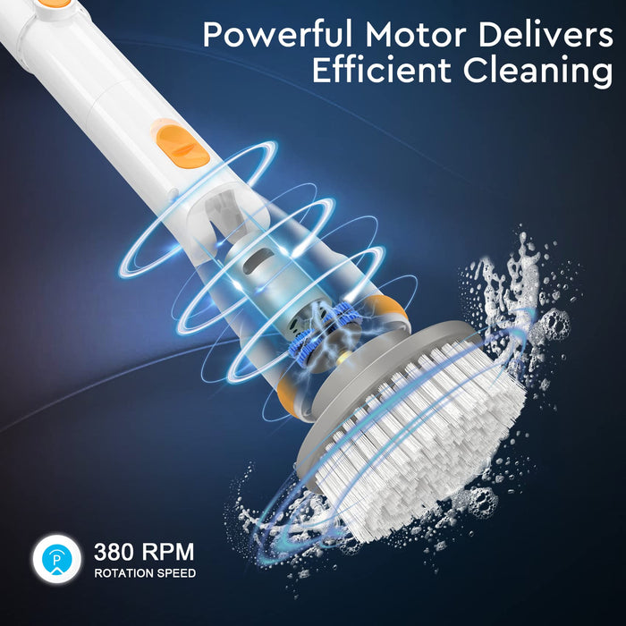 Electric Spin Scrubber, KIKOLIN 380RPM High Speed Power Scrubber, Cordless Cleaning Brush 2 Speeds for Bathroom, Tub, Shower, Floor with 4 Replaceable Brush Heads and Adjustable Extension Long Handle