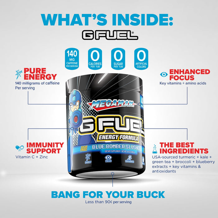 G Fuel Megaman Energy Powder, Sugar Free, Clean Caffeine Focus Supplement, Water Mix, Blue Slushee Flavor, Focus Amino, Vitamin + Antioxidants Blend, 9.8 oz (40 Servings)