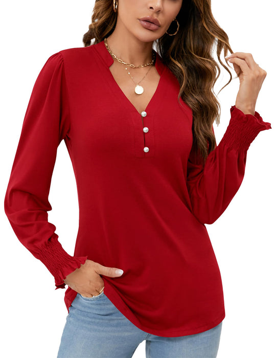 Red Christmas Blouse for Women Dressy Casual V Neck Long Seleeve Tunic Tops Womens Trendy Fashion 2024 Red L