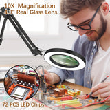 10X Lighted Magnifying Glass Lamp with 3 Color Modes, 72 LEDs and Real Glass Lens - For Close Work, Repair, Reading, Crafts