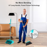 Upgrade Broom and Dustpan Set with 51'' Long Handle, Large Upright Brooms and Dust Pans, ZeroGap Lip, Self-Cleaning Dustpan Teeth for Lobby Kitchen Office Restaurant - Blue