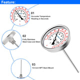 Uharbour 3" Dial Fully Stainless Steel Thermometer for Pot, Kettle, Brewing Bimetal,6" Stainless Steel Stem, 0-250 deg F/-20-120 deg C, Accuracy +/-1%, Adjustable, 1/2" NPT Back Mount(2 Pcs)