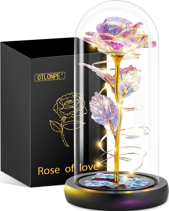Otlonpe Forever Artificial Glass Rose Flower Lamp, Women Gifts for Birthday Christmas Valentines Mothers Day, Home Decor, Preserved 7.7'' Rose Gifts for Mom Grandma Daughter Wife Girlfriend (Rainbow)