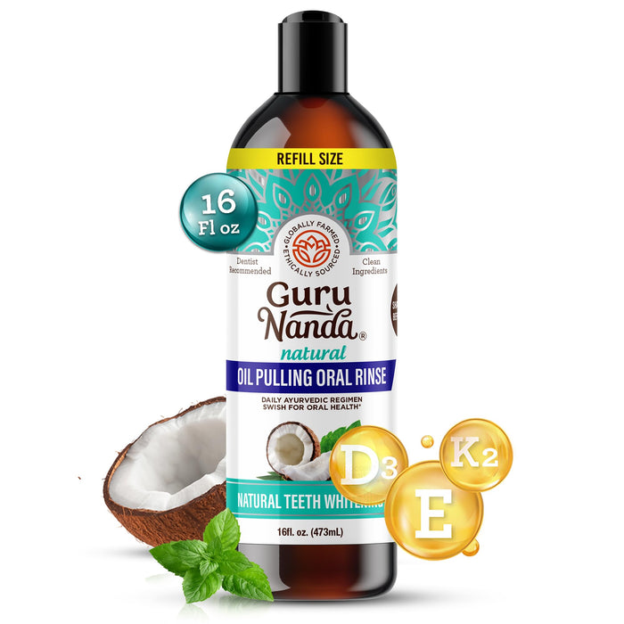 GuruNanda Coconut Oil Pulling with 7 Essential Oils and Vitamin D3, E, K2 (Mickey D), Helps with Fresh Breath, Teeth & Gum Health & More - 16 fl oz