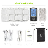 AUVON Dual Channel TENS EMS Unit 24 Modes Muscle Stimulator for Pain Relief, Rechargeable TENS Machine Massager with 12 Pads, ABS Pads Holder, USB Cable and Dust-Proof Storage Bag