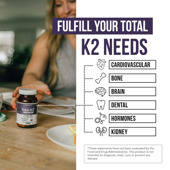 Total K2® | Vitamin K2 as MK7 & MK4 | Plus K1 & Vitamin D3 Cofactor - 620 mcg K2 per Serving - All-Trans MK7 from MenaQ7® - Full-Spectrum Vitamin K - Vegan, Organic Certified (60 Capsules)