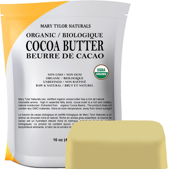 Mary Tylor Naturals Organic Cocoa Butter 1 lb — USDA Certified Raw Unrefined, Non-Deodorized, Rich In Antioxidants — for DIY Recipes, Lip Balms, Lotions, Creams, Stretch Marks