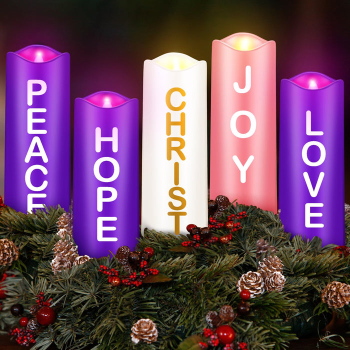 Mudder 5 Pcs Christmas Advent Pillar Candles LED Flameless Advent Candle Set Christmas Candles with Words Hope Peace Love Joy Christ Purple Pink White Pillar Candles for Church Wreath Rituals