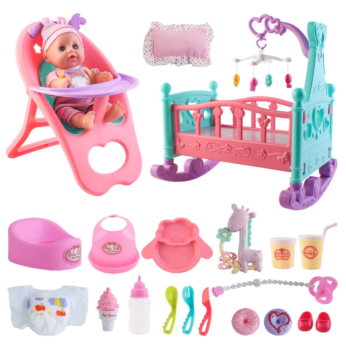 deAO Baby Doll Play Set with Crib,High Chair Feeding Accessories,White