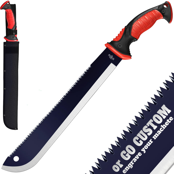 Machete with Saw - 19” Heavy Duty Tool & Sheath - Ergonomic No-Slip Handle - Survival Knife with Serrated Blade - Machetes for Bushcraft Hunting Garden Cutting Trees and Yard Work 111084