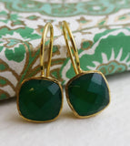 Cushion Cut Green Onyx Gold Plated Sterling Silver Drop Dangle Earrings - Handmade Jewelry Gift Ideas for Women - Christmas Gift Idea - Birthday Gift - Natural Gem Gemstone Jewelry (Green Onyx)