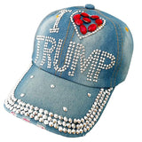 Gamusi Trump 2024 Baseball Cap Denim Distressed Bling Rhinestone Hat USA Flag Cap Adjustable Unisex (I Love Trump)