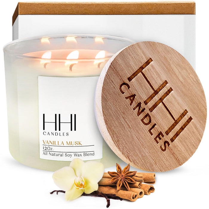 All-Natural Scented Soy Candle | Vanilla Musk | A Blend of Vanilla, Cinnamon, Amber & Hint of Musk | Large 12 Ounce Three Wick Candle | Long Burn time | HHI Candles