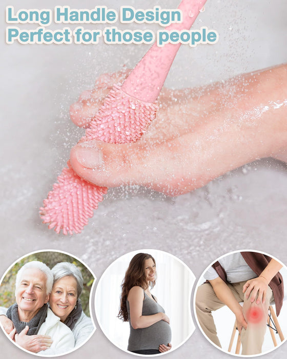 TOPHOME 2 Pack Toe Cleaning Brush,Silicone Foot Scrubber for Shower with 15.7" Long Handle Soft Cleaning Bath Brush Feet Cleaner Scrub Foot Care for Seniors,Elderly, Men and Women (Pink)