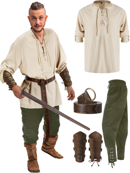 Jiuguva 4 Pcs Halloween Men's Renaissance Costume Set Medieval Pirate Shirt Ankle Banded Pants Viking Belt Accessories (Stylish Color,X-Large)