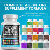 Clean Nutraceuticals NAC Supplement 1000mg with Vitamin D3, K2, Zinc, Quercetin, Elderberry, and More, 60 Capsules