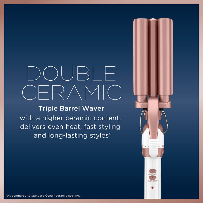 Conair Double Ceramic 3 Barrel Curling Iron, Hair Waver, Create Beachy Waves, Long-Lasting Natural Tight Waves for all Hair Lengths, White / Rose Gold