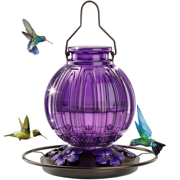 Glass Hummingbird Feeder for Outdoors Hanging, Bird Nectar Feeder with Perch & 5 Flower Feeding Ports, 26 Oz Leak Proof for Outside Garden Decor Backyard, Gifts for Women Mom, Purple