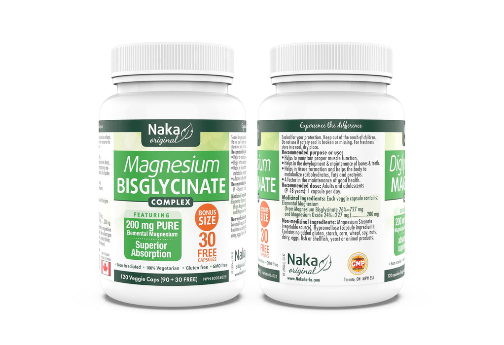 Naka Magnesium Bisglycinate Complex, 200 mg PURE Elemental Magnesium, Superior Absorption, Vegan (90+30 FREE vcaps)