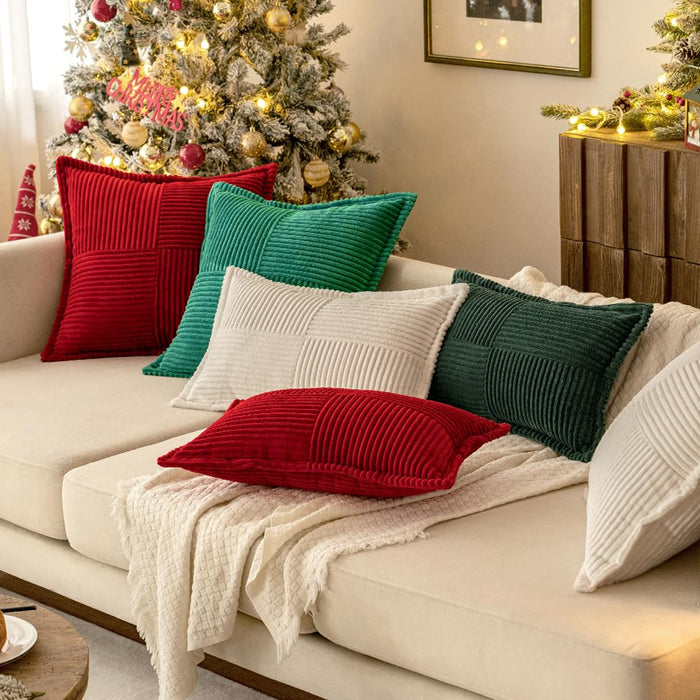 MIULEE Dark Green Corduroy Pillow Covers with Splicing Set of 2 Super Soft Boho Striped Christmas Pillow Covers Broadside Decorative Textured Throw Pillows for Couch Cushion Livingroom 20x20 inch