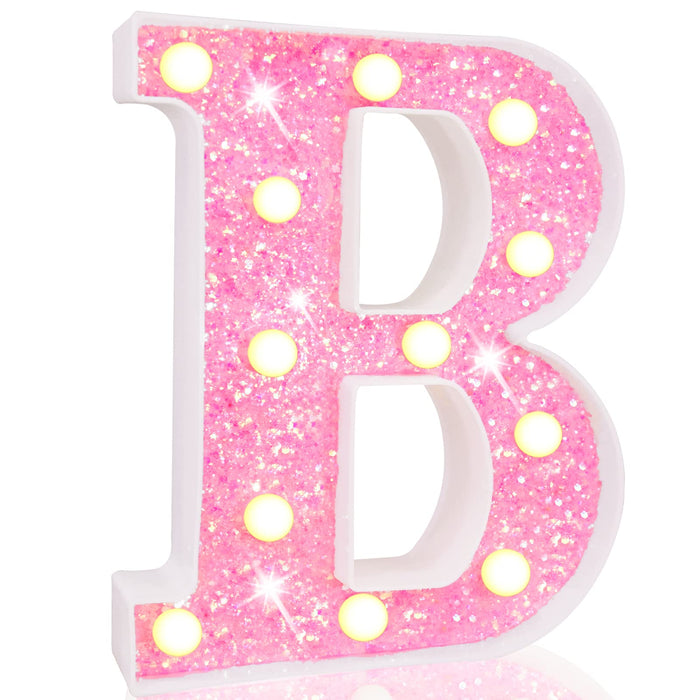 Pooqla LED Marquee Letter Lights, Light Up Pink Letters Glitter Alphabet Letter Sign Battery Powered for Night Light Birthday Party Wedding Girls Gifts Home Bar Christmas Decoration, Pink Letter B