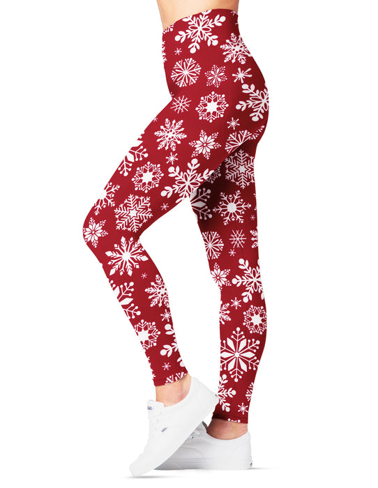 SATINA Womens Christmas Pants - Buttery Soft Highwaisted Holiday Leggings, Red Snowflake, One Size